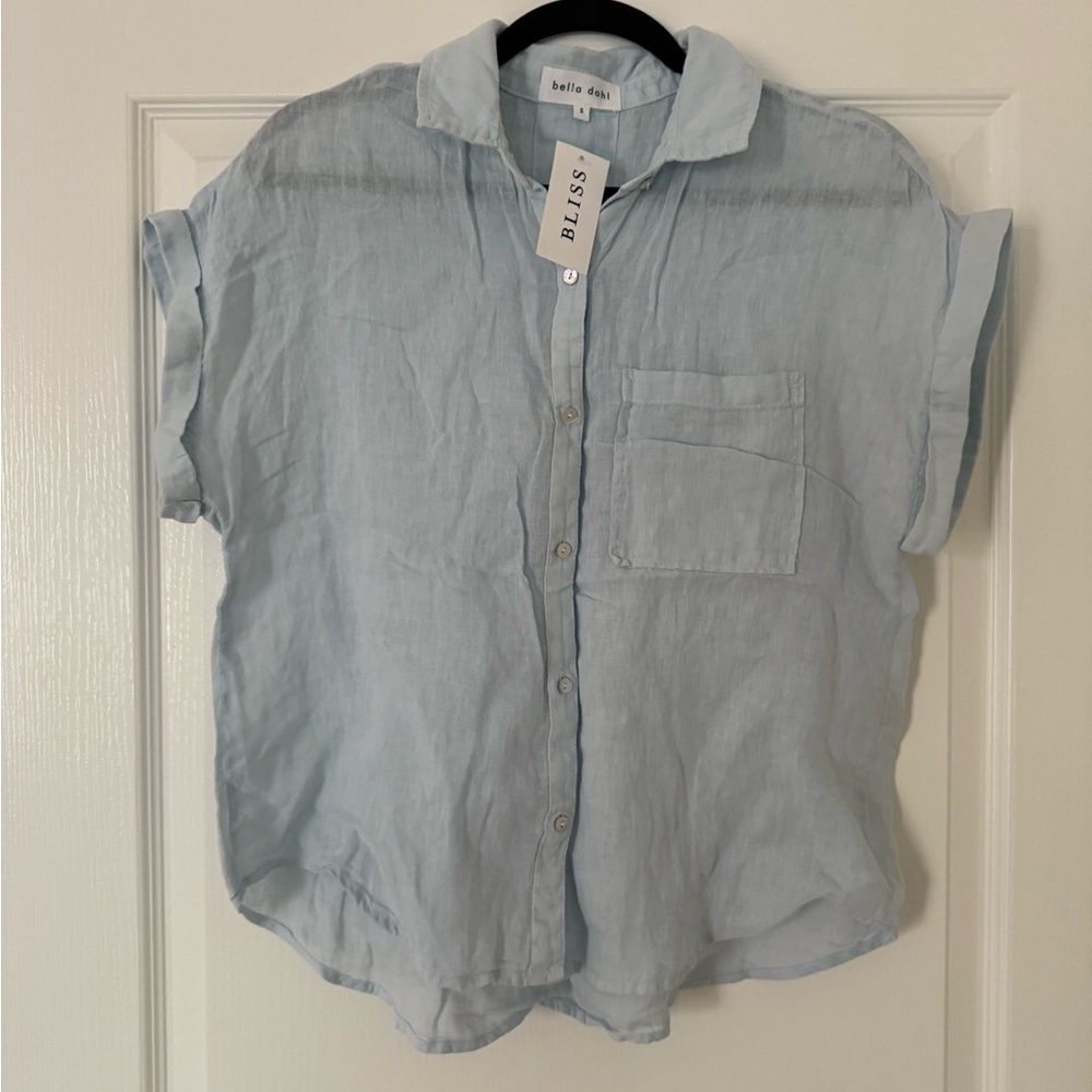 Bella Dahl Short Sleeve Button Down Linen Shirt -summer sky